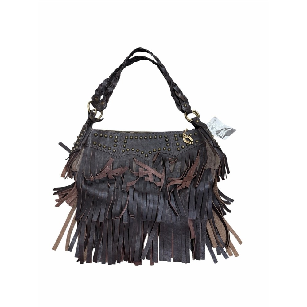 Vintage Betsey Johnson Brown Leather Fringe Studded Western Boho Shoulder Bag